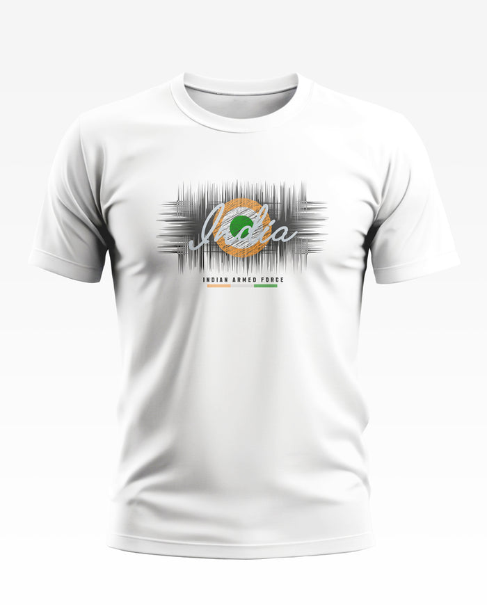 White men's t-shirt with 'India' and 'Indian Armed Force' graphic, casual patriotic wear.