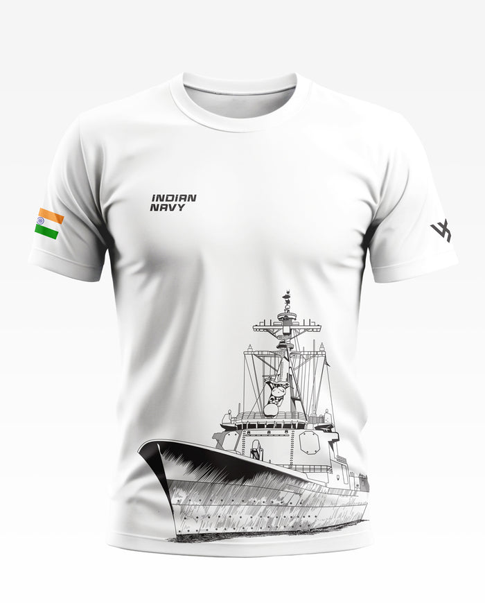 White men's t-shirt featuring Indian Navy text, Indian flag sleeve patch, and warship graphic illustration
