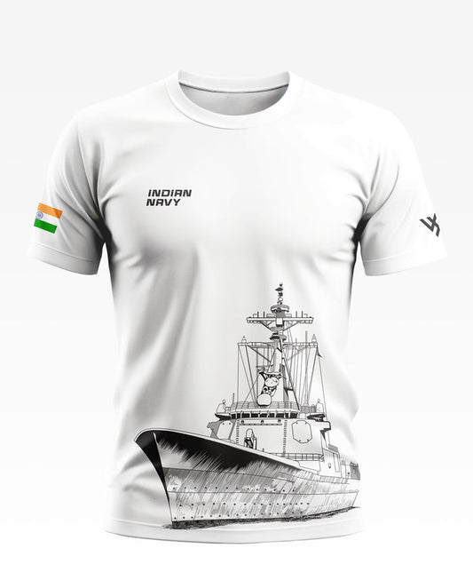White men's t-shirt featuring Indian Navy text, Indian flag sleeve patch, and warship graphic illustration