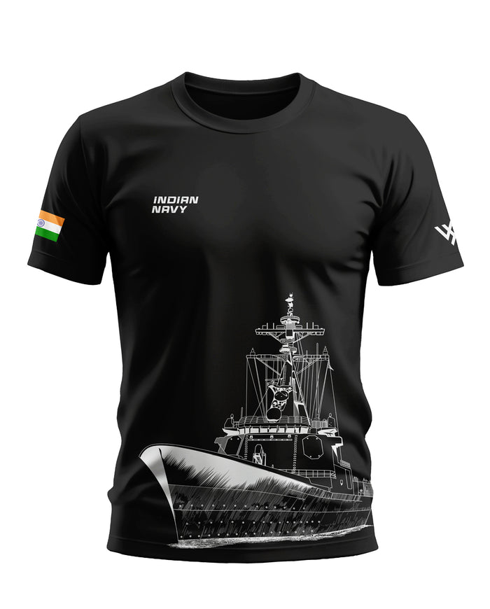 Black men's t-shirt with Indian Navy text, Indian flag sleeve, and warship graphic print.