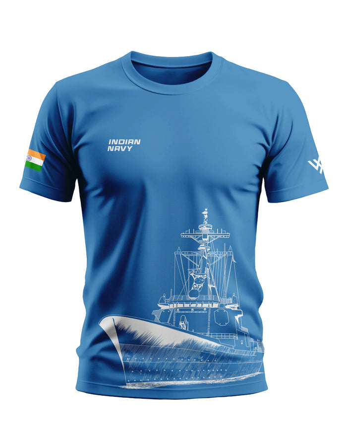 Blue Indian Navy t-shirt with ship graphic, Indian flag on sleeve, military style design