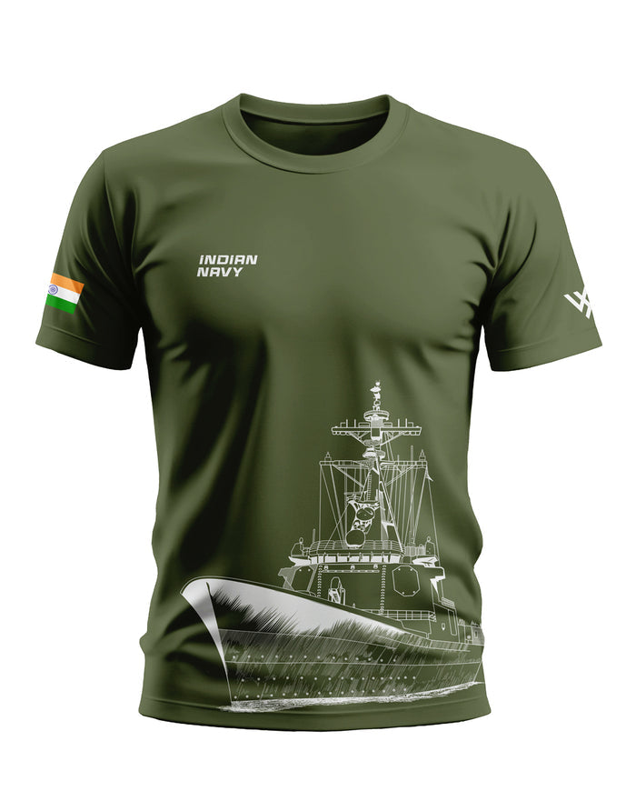 Olive green men's t-shirt with Indian Navy ship graphic, flag patch, and military style print