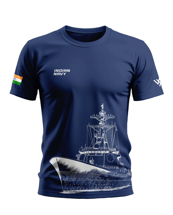Navy blue men's t-shirt with Indian Navy ship graphic and Indian flag on sleeve