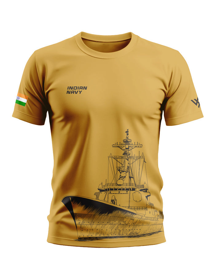 Yellow Indian Navy graphic t-shirt with warship illustration and Indian flag sleeve patch