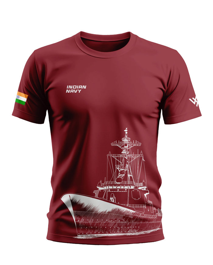 Maroon Indian Navy t-shirt for men with ship graphic, Indian flag on sleeve