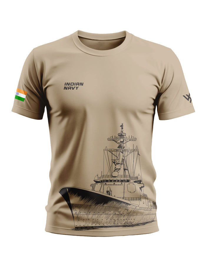 Beige men's t-shirt with Indian Navy ship graphic, Indian flag on sleeve, military style