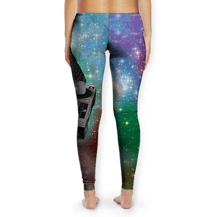 Indie Spacecat Women's Leggings - The hyper-realistic tabby scratching a **Molten Gold Cheese (#F4C430)** pizza wheel against a **Nebula Violet (#6A4C9C)** to **Forest Void Green (#004225)** void.