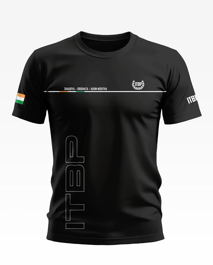 Black men's ITBP t-shirt with Indian flag on sleeve, white slogan and ITBP lettering.