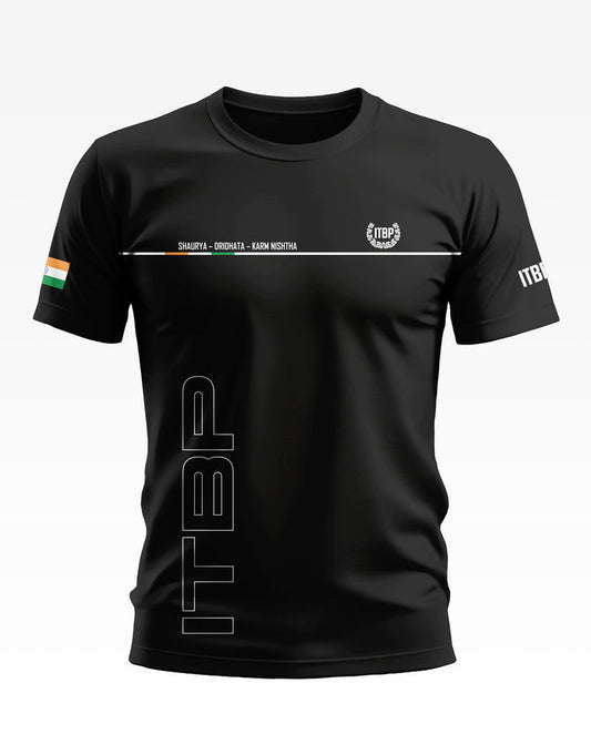 Black men's ITBP t-shirt with Indian flag on sleeve, white slogan and ITBP lettering.