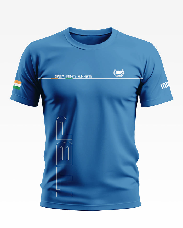Blue ITBP men's T-shirt with India flag patch and slogan, full front view