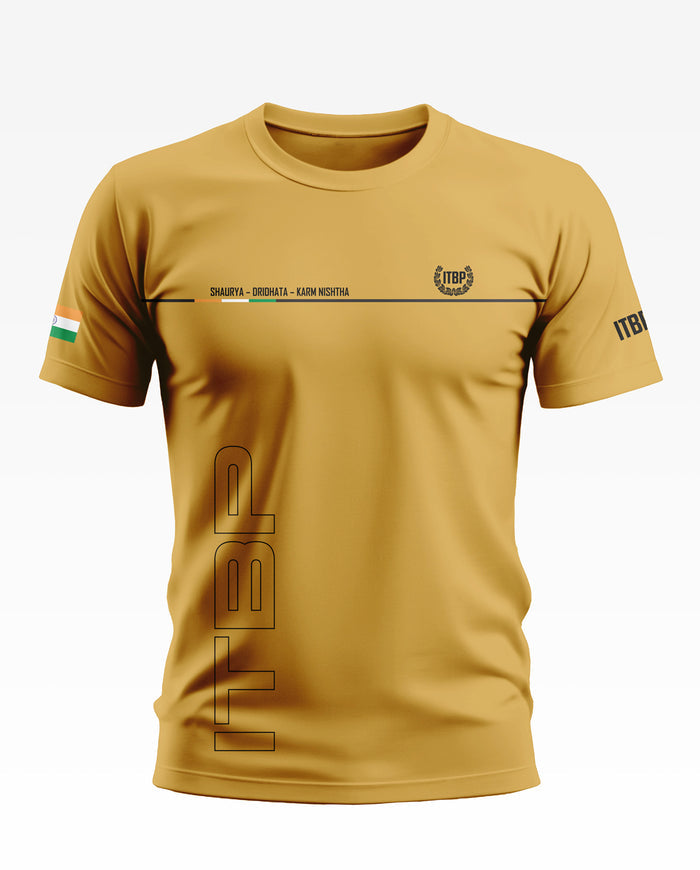 Yellow men's ITBP t-shirt with Indian flag patch and printed slogans, army-inspired design