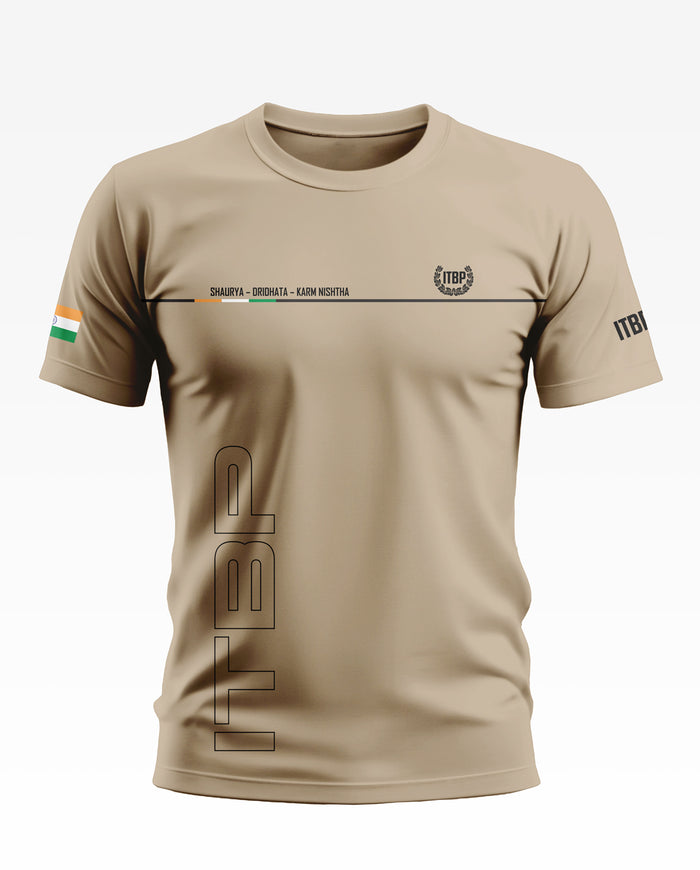 Beige ITBP men's t-shirt with Indian flag on sleeve, chest logo, and bold side text.