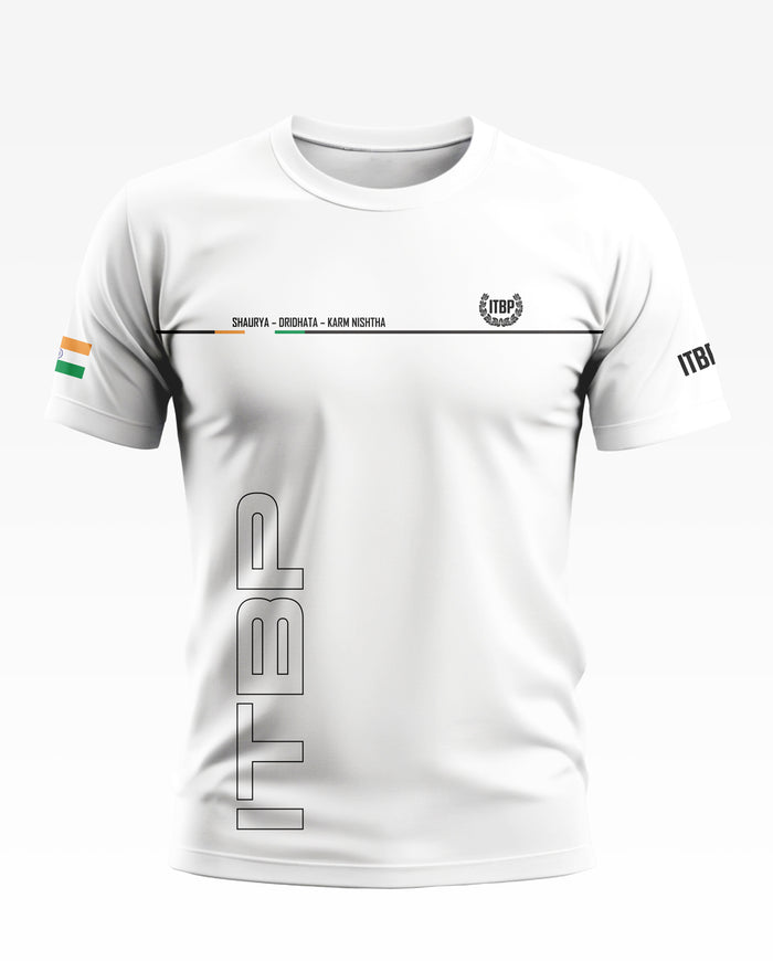 White men's round neck t-shirt with ITBP text, Indian flag sleeve, and minimalist Army-inspired print