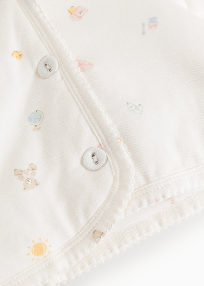 Printed hooded jacket with snap buttons and wavy front edge