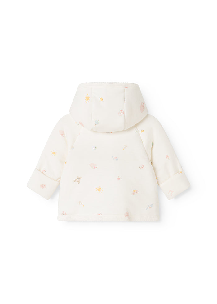 Baby jacket with hood and colored all-over pattern