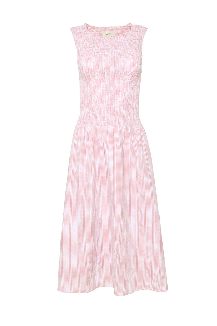 The Ivy City Co Karla Dress in Pink Striped Gingham features a sleeveless design, smocked fitted bodice, and flowy mid-length skirt. Its soft, lightweight fabric offers subtle plaid texture—ideal as a maternity-friendly option for effortless comfort.