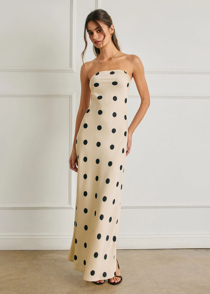 Kelsie Strapless Polka Dot Maxi Dress - Cream & Black