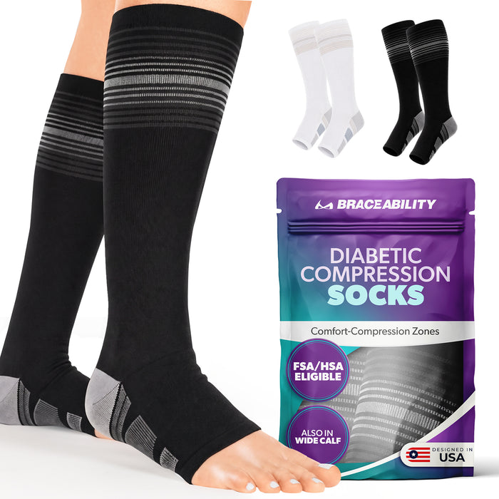 The BraceAbility tall diabetic compression socks come in two neutral color options, black and white.