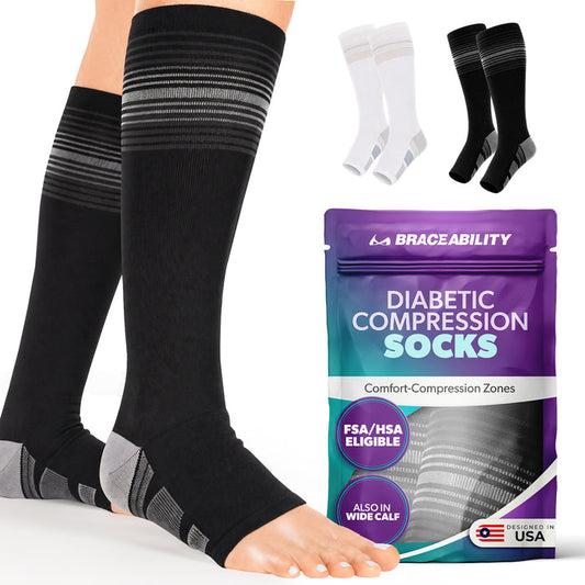 The BraceAbility tall diabetic compression socks come in two neutral color options, black and white.
