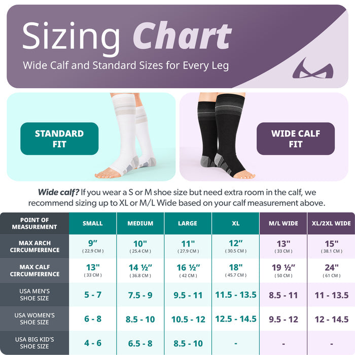 BraceAbility tall diabetic compression socks sizing chart with ranges from small to XXL wide calf