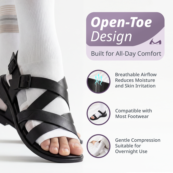 Our tall open-toe compression socks are built for all-day comfort with breathable, moisture wicking materials