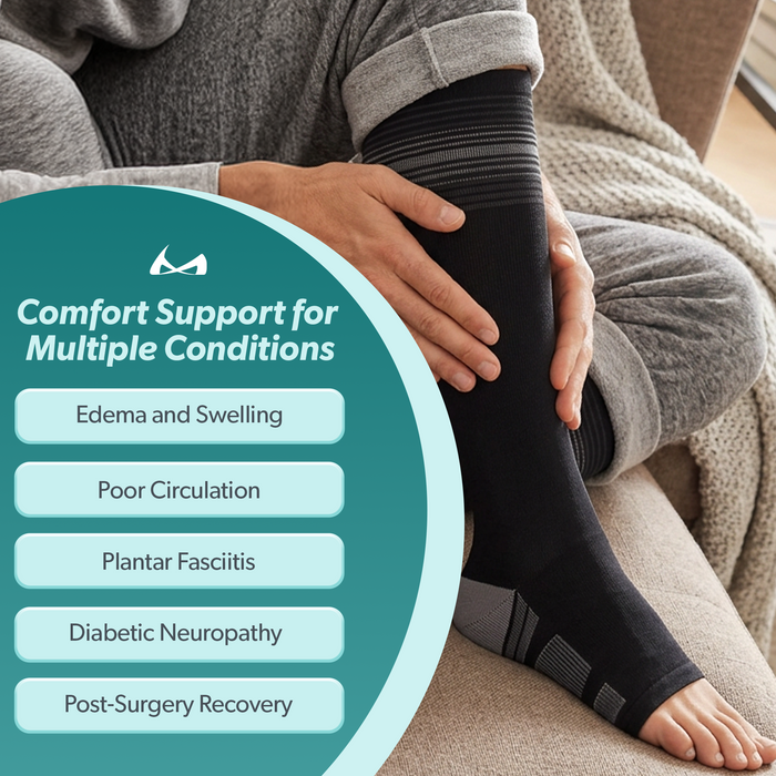 Our tall compression socks offer comfortable support for edema, swelling, poor circulation, plantar fasciitis and neuropathy