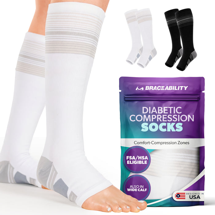 Our tall diabetic socks come in a clean white color with gray heel details. The socks are offered in two different colors, white and black.