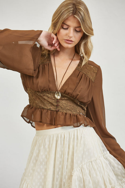 Lace Peplum Blouse - Chocolate