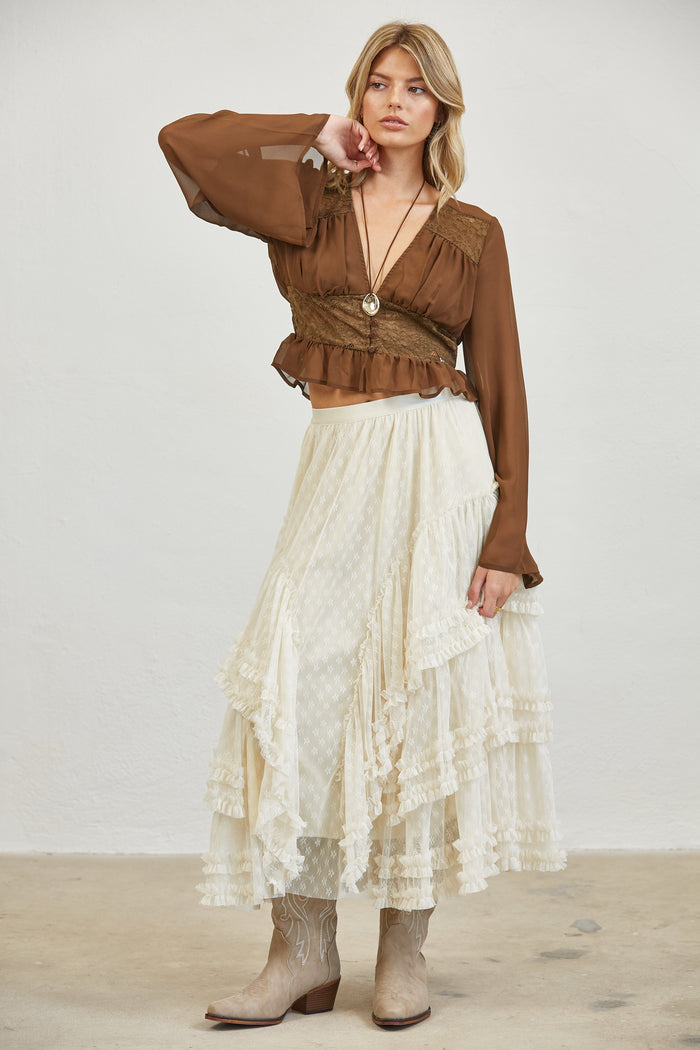 Lace Peplum Blouse - Chocolate