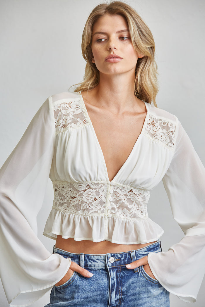Lace Peplum Blouse - Chocolate