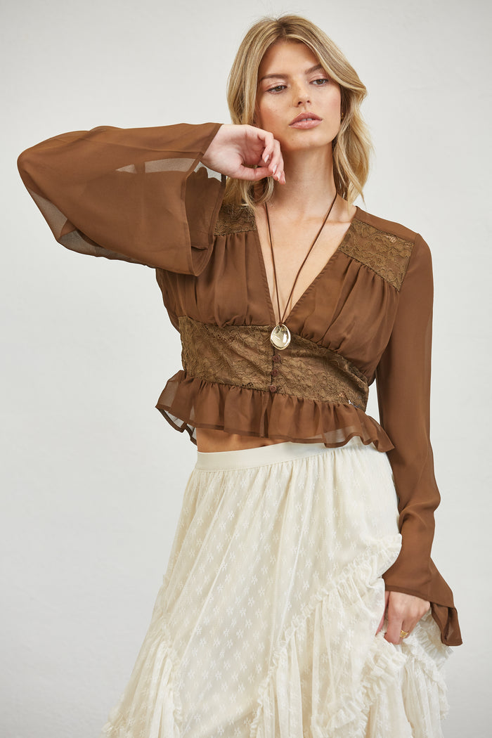 Lace Peplum Blouse - Chocolate