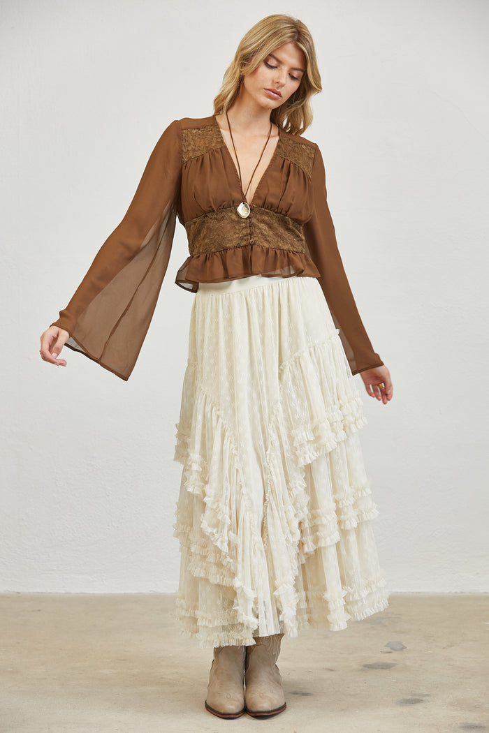 Lace Peplum Blouse - Chocolate
