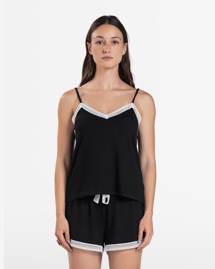 LACE TRIM CAMI SHORT SET BLACK 1