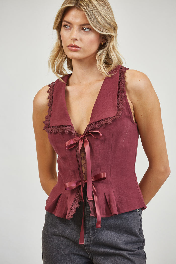 Lace Trim Ribbon Tie Linen Blend Blouse - Plum