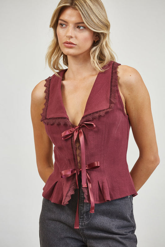 Lace Trim Ribbon Tie Linen Blend Blouse - Plum