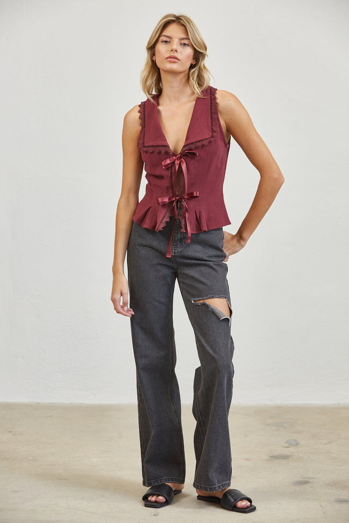 Lace Trim Ribbon Tie Linen Blend Blouse - Plum