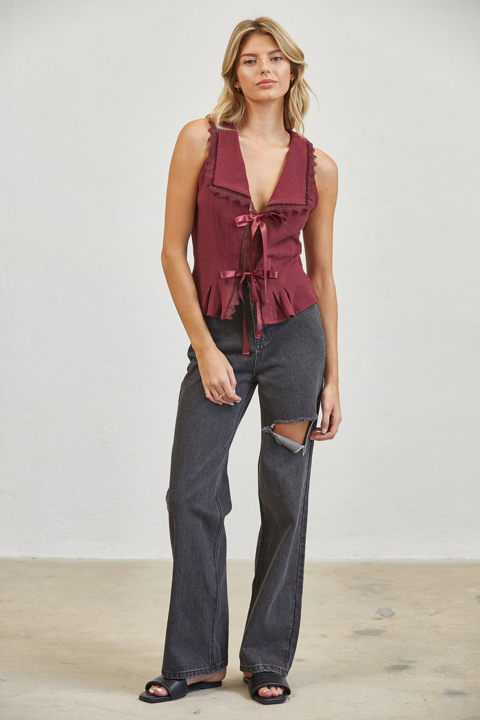 Lace Trim Ribbon Tie Linen Blend Blouse - Plum