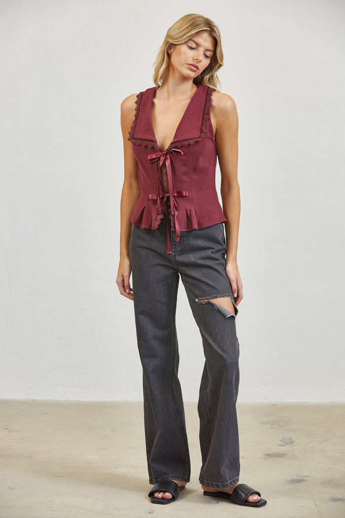 Lace Trim Ribbon Tie Linen Blend Blouse - Plum