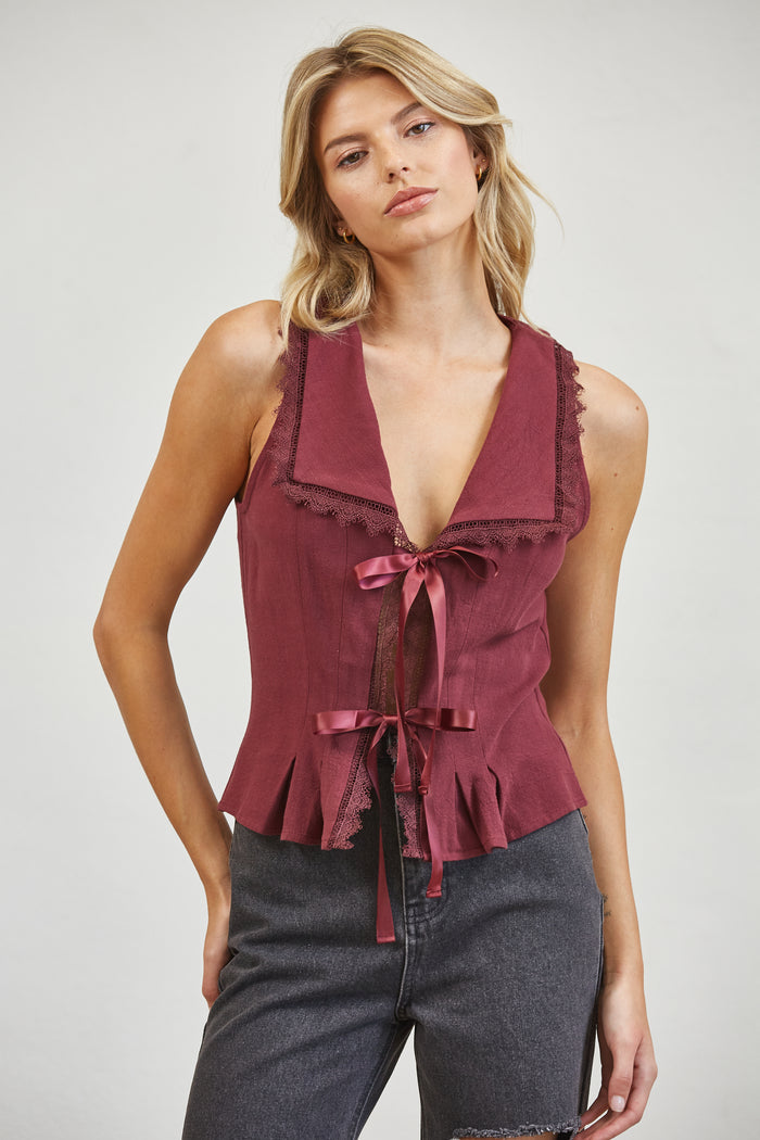 Lace Trim Ribbon Tie Linen Blend Blouse - Plum