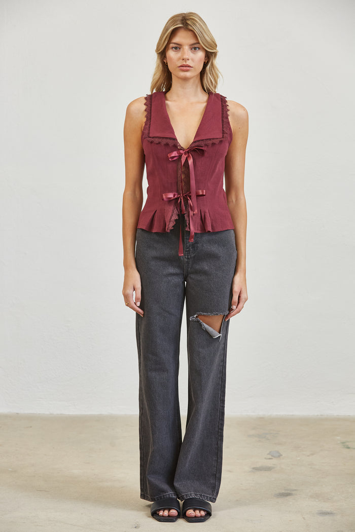 Lace Trim Ribbon Tie Linen Blend Blouse - Plum