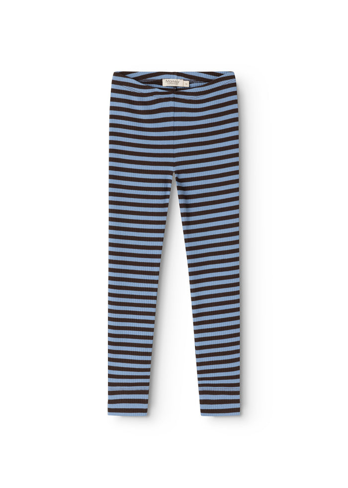 Striped leggings in blue and white with elastic waistband.
