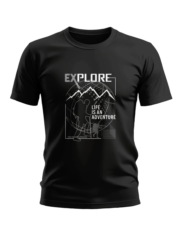 Black men's t-shirt with 'Explore Life Is An Adventure' hiking graphic and mountain design