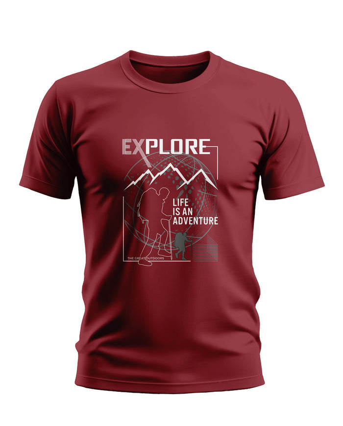 Maroon men's t-shirt with 'Explore Life Is An Adventure' mountain and hiker graphic print