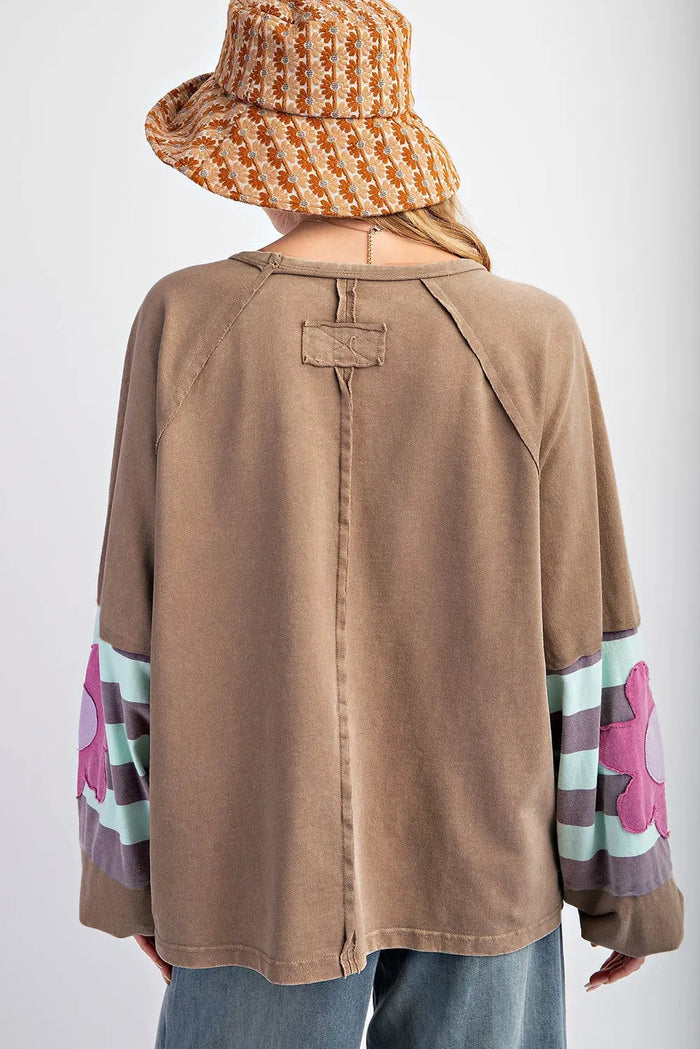 Light French Beige Flower Striped Patchwork Puff Sleeve Loose Sweatshirt - Plus Size/Plus Size Sweatshirts & Hoodies