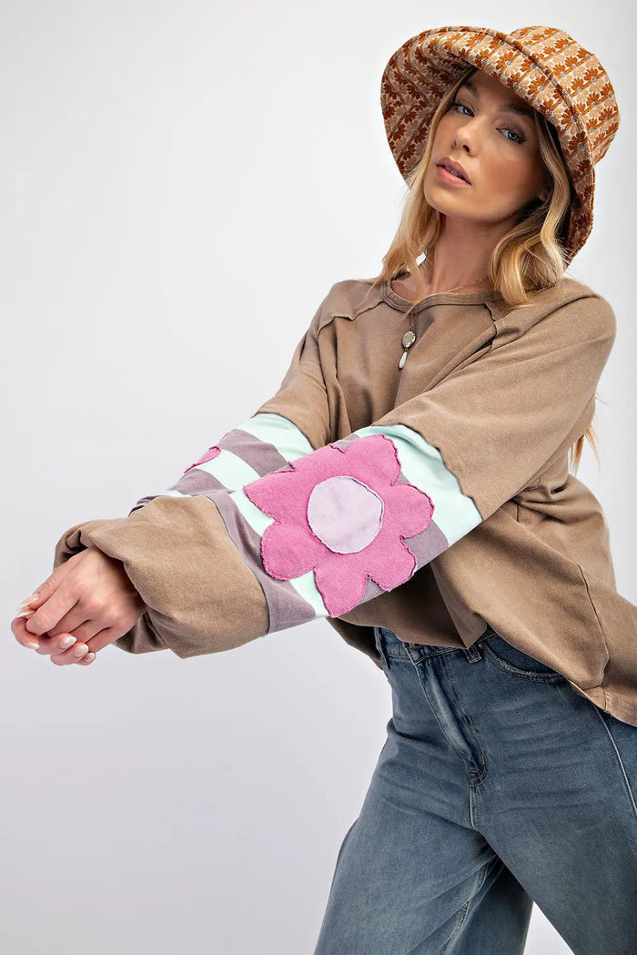 Light French Beige Flower Striped Patchwork Puff Sleeve Loose Sweatshirt - Plus Size/Plus Size Sweatshirts & Hoodies