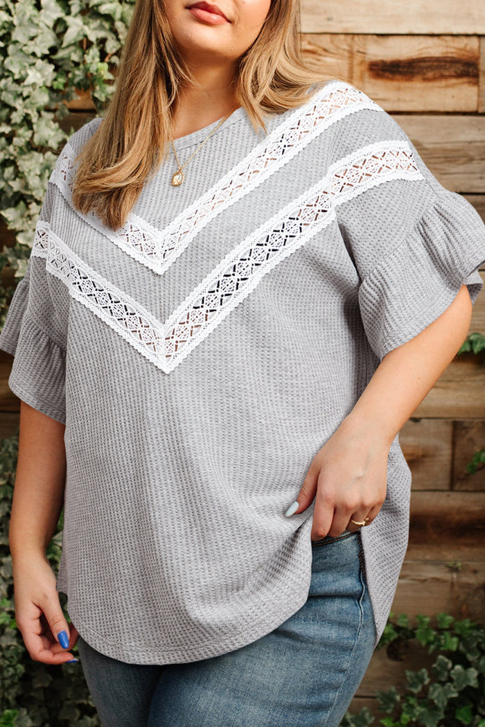 Light Grey Lace Insert Waffle Ruffle Short Sleeve Plus Size Top - 1X / 70% Polyester + 27% Viscose + 3% Elastane
