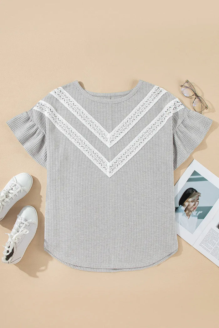 Light Grey Lace Insert Waffle Ruffle Short Sleeve Plus Size Top - Size/Plus Tops/Plus Tops & Tees