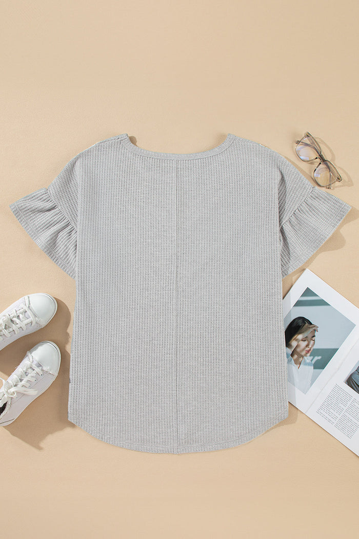 Light Grey Lace Insert Waffle Ruffle Short Sleeve Plus Size Top - Size/Plus Tops/Plus Tops & Tees