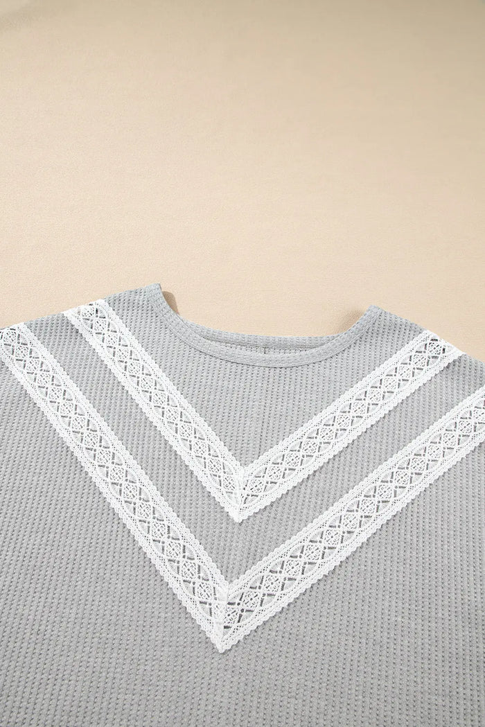 Light Grey Lace Insert Waffle Ruffle Short Sleeve Plus Size Top - Size/Plus Tops/Plus Tops & Tees
