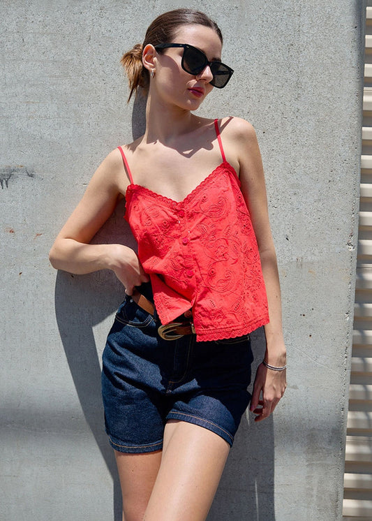 Livi Eyelet Embroidered Tank - Red